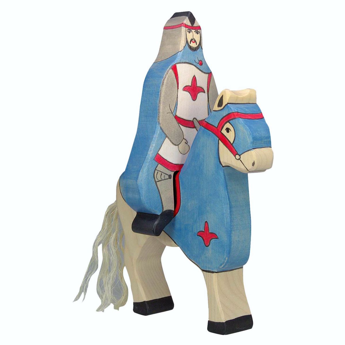 GK80247a Holztiger Spielfigur, Blauer Ritter mit Mantel, reitend (ohne Pferd)
