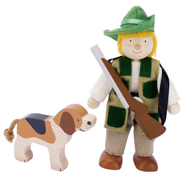 Biegepuppe Jäger mit Hund, aus Holz und Stoff