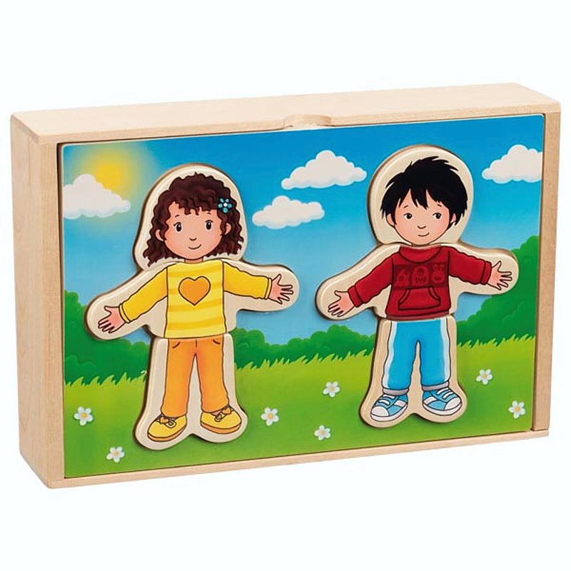 GK57475 Anziehpuppenpuzzle Junge und Mädchen, 36 Teile im Holzkasten
