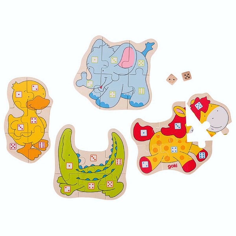 gk56823 Würfelspiel Tiere, 4 Motive, 2 Würfel, Holz