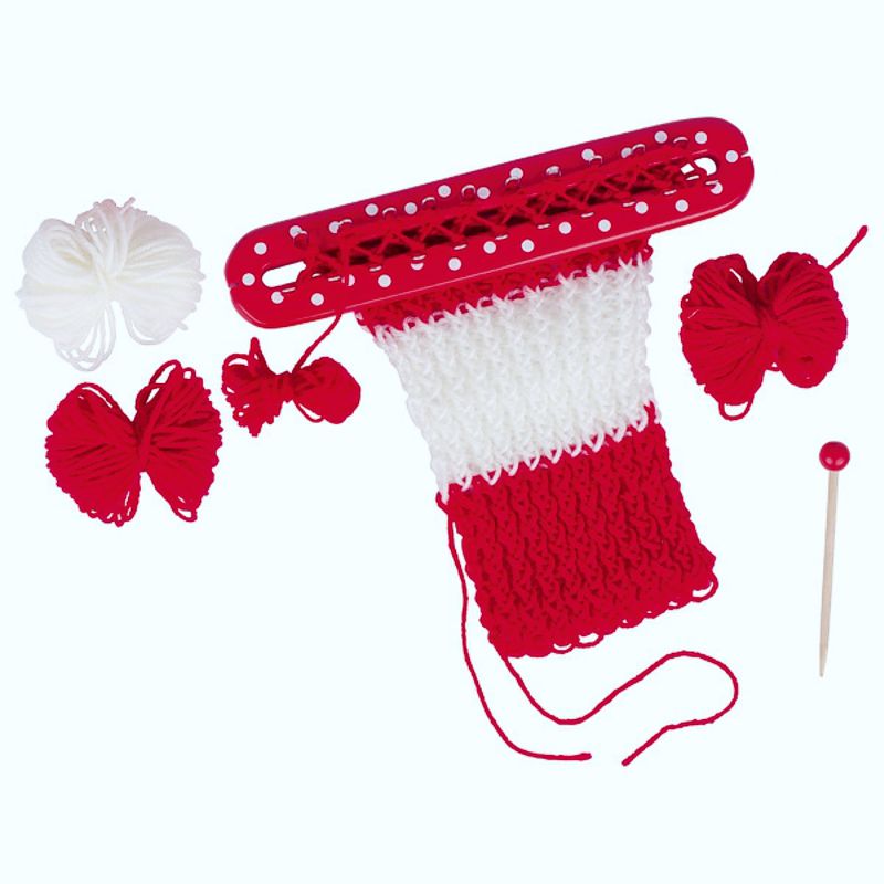 Strickrahmen mit Holznadel und Wolle