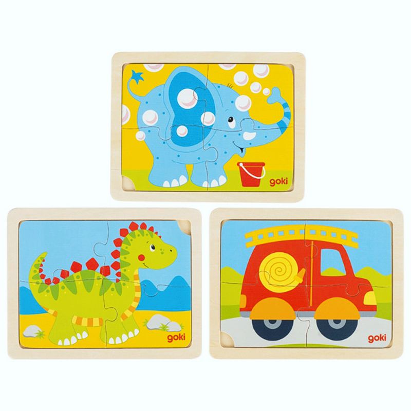 gk57487 Einlegepuzzle aus Holz, Dino, Feuerwehr und Elefant im dreier Set