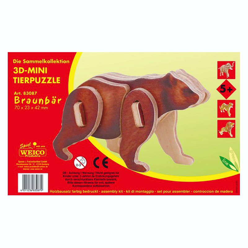 Holzbausatz 3D-Puzzle Braunbär, bunt bedruckt