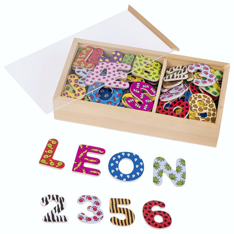 Magnet-Alphabet, Buchstaben und Zahlen II, 88 Teile im Holzkasten 