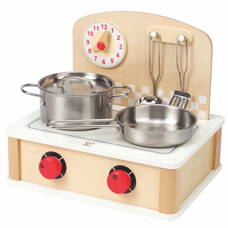 Mobiler Kochherd, 6 teilig Holz und Edelstahl