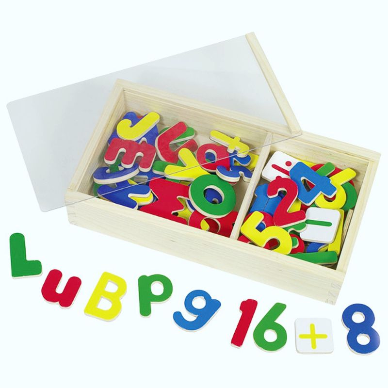 Holz-Magnet-Alphabet und Zahlen, 90 Teile mit Holzschuber
